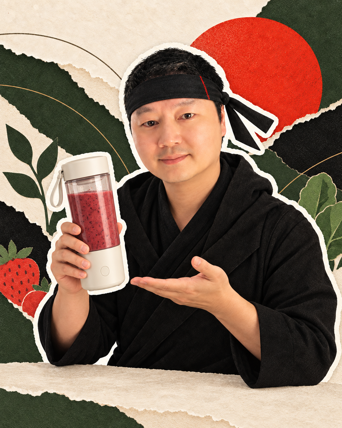 Self-directed food and kitchen concept featuring a portable blender and smoothie.